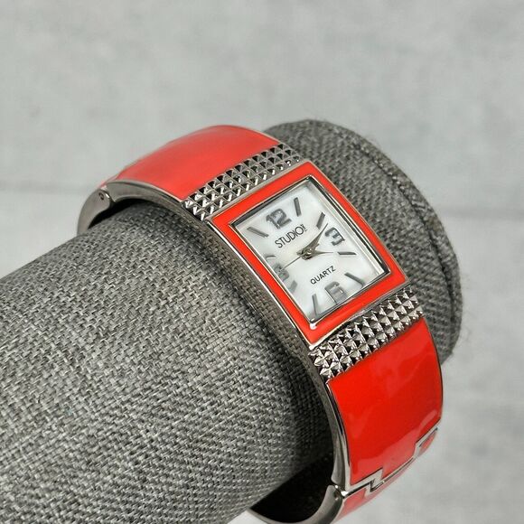 Studio Time Watch Women 21mm Rectangle MOP Dial Red Enamel Cuff Band New Battery - Picture 2 of 11